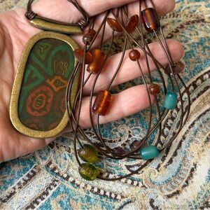 Chicos Signed Tribal Enamel Pendant Necklace Boho Statement Retired